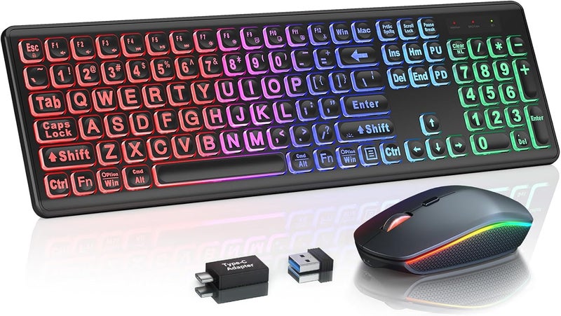 Trueque Wireless Keyboard and Mouse Combo, RGB Backlit, Rechargeable & Light Up Letters, Full-Size, Soft Typing, Sleep Mode, 2.4GHz Quiet Keyboard Set for Mac, Windows, Laptop, PC, (Matte Black) - Image 1